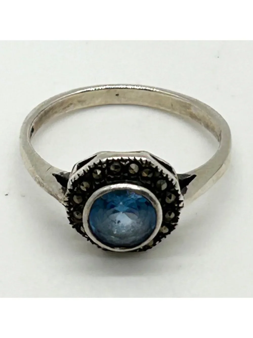 Vintage 925 Sterling Silver Blue Stone & Marcasite Halo Ring Size 6